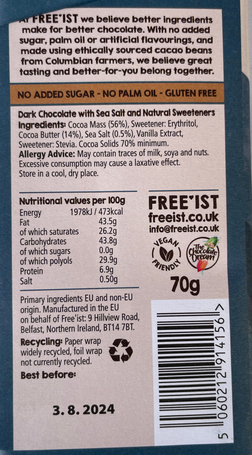 Free'ist Dark Chocolate With Sea Salt (NAS with Stevia) packet back