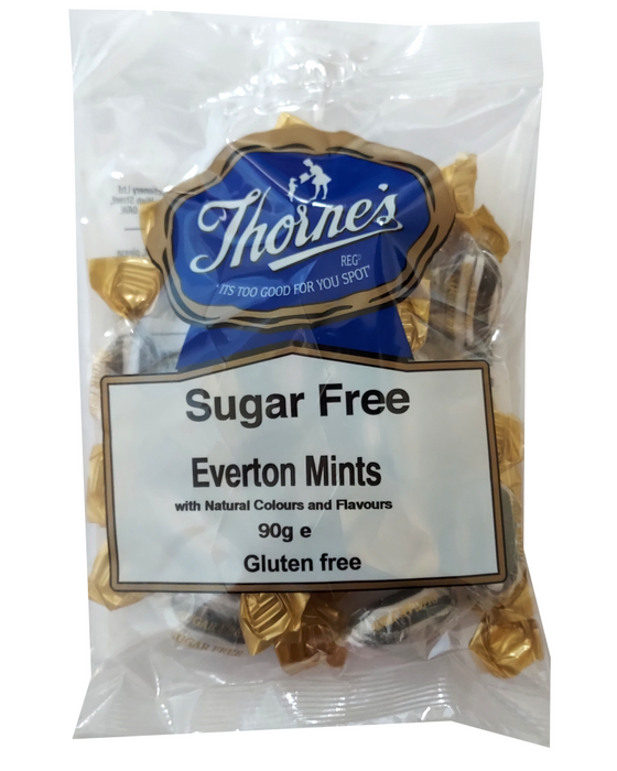 Packaging of Thorne's Sugar Free Everton Mints with visible branding and product details.