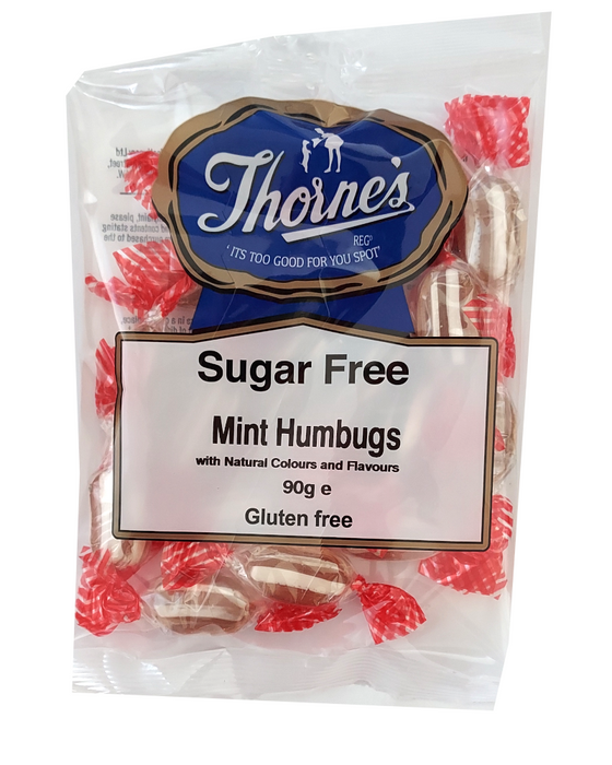 Packaging of Thorne's Sugar Free Mint Humbugs with a clear background