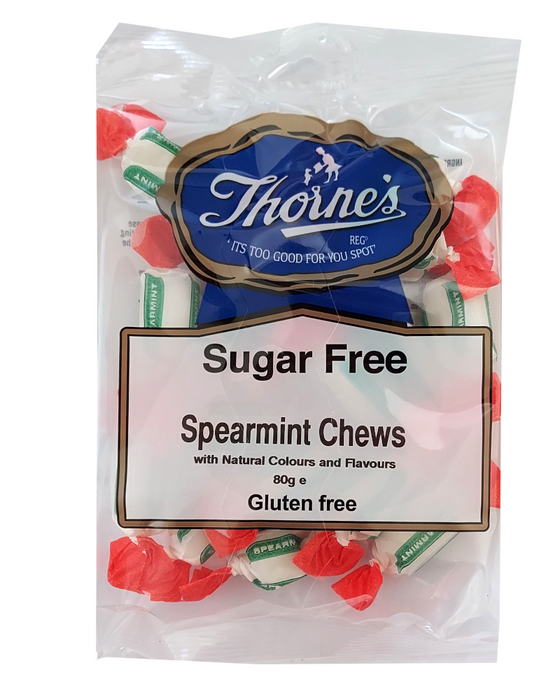 Packaging of Thorne's sugar-free spearmint chews on a white background