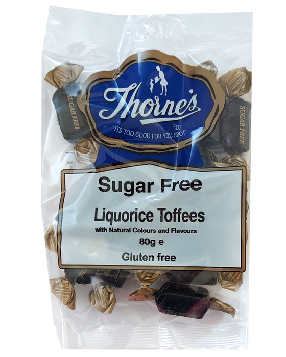 Packaging of Thorne's Sugar Free Liquorice Toffees on a white background
