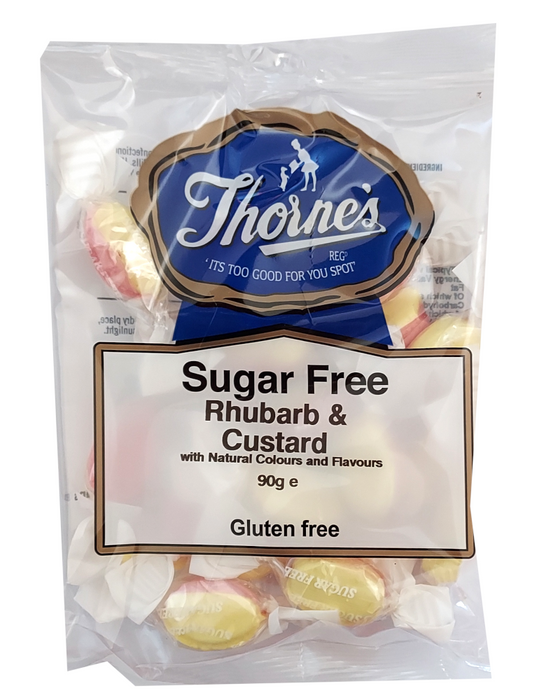 Pack of Thorne's sugar-free rhubarb and custard sweets with visible branding and product details.