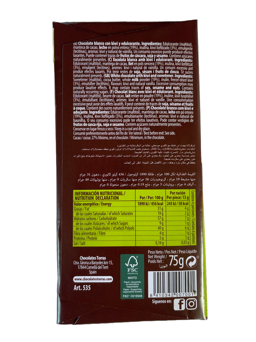 Torras White chocolate with Kiwi Packet back