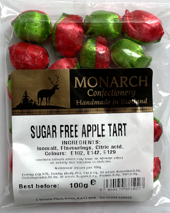 Packaged sugar-free apple tart with Monarch Confectionery label on a white background
