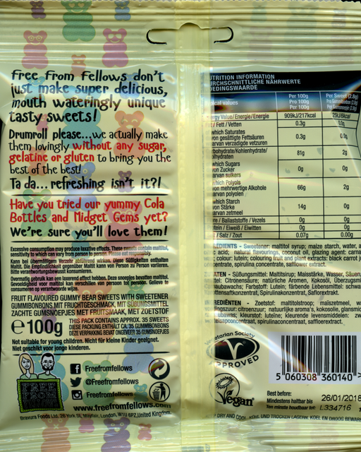 Free From Fellows Sugar Free Gummy Bears (vegan and vegetarian) Back