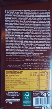 Torras Dark Chocolate with Mango  Packet back