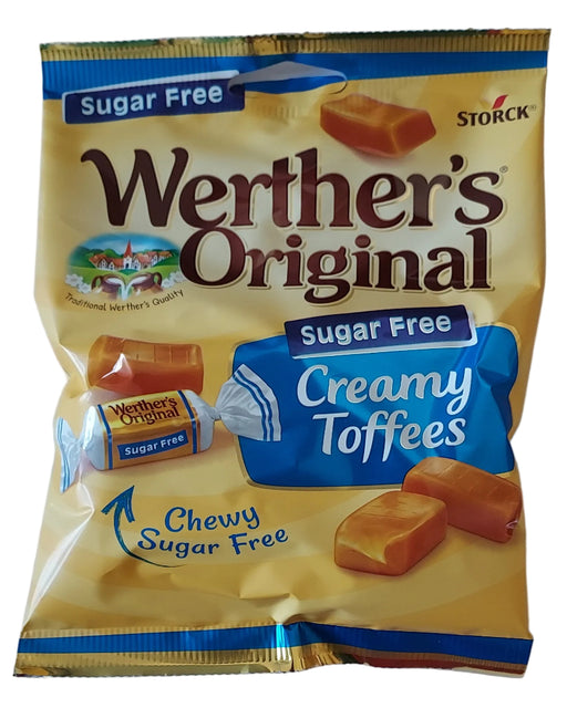 Packaging of Werther's Original Creamy  sugar free Toffees on a white background