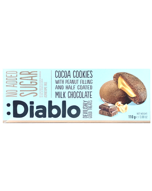 Diablo No added sugar Cocoa  Cookies  with peanut filling Half coated with milk chocolate packet front