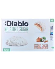 Box of Diablo coconut cookies with caramel and peanuts on a white background
