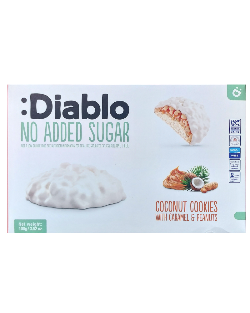 Box of Diablo coconut cookies with caramel and peanuts on a white background