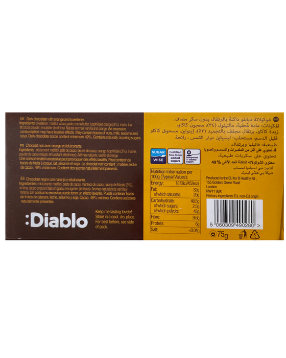 Diablo No added Sugar  Dark Chocolate with Orange  packet back