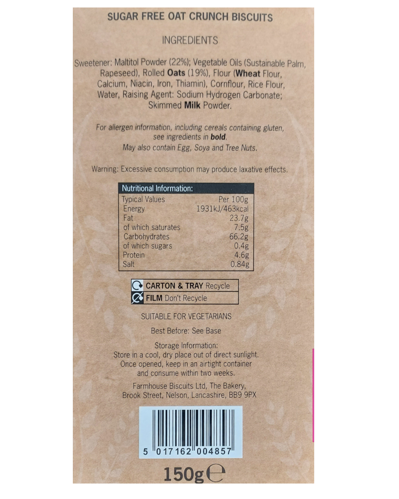FarmHouse Sugar Free Oat Crunch Cookies oacket back