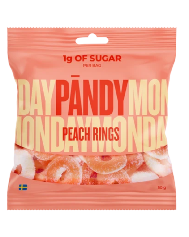 Pandy Peach Rings sweets in a peach-coloured 50g bag, with ring-shaped sweets visible through the clear window.