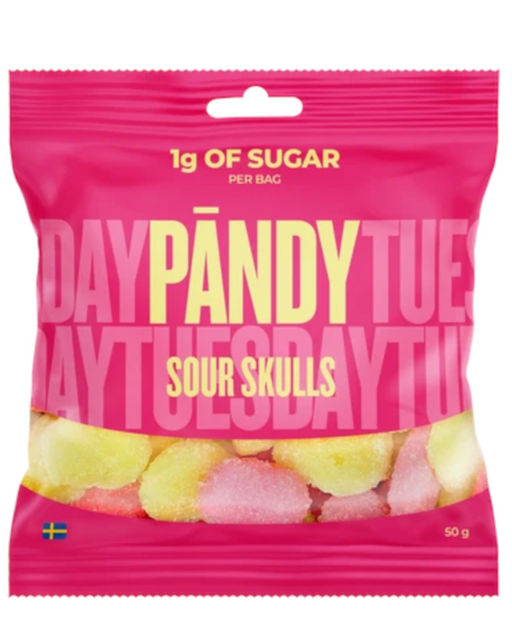 Pandy Sour Skulls sweets in a pink 50g bag, with pink and yellow skull-shaped sweets visible through the packaging.