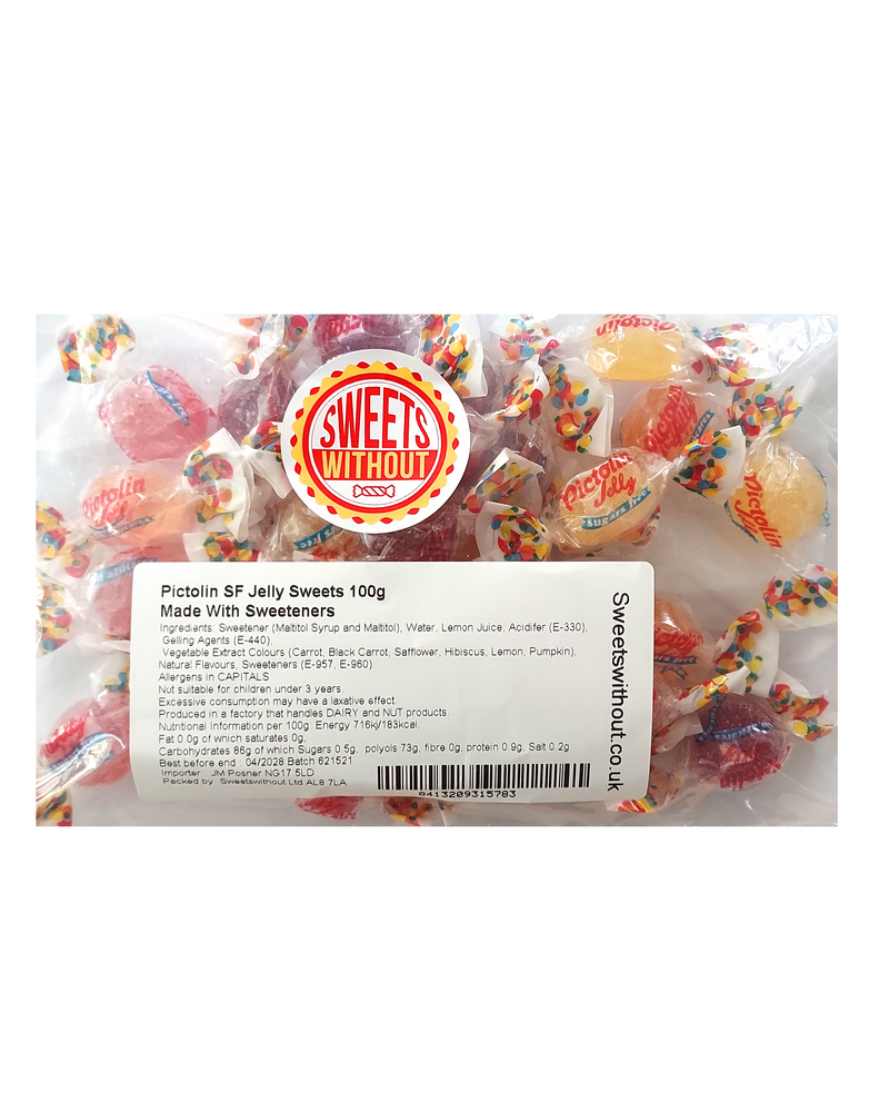 A 100g bag of Pictinol  sf Jelly Sweets by Sweets Without Borders, showing colorful jelly candies wrapped in clear cellophane with a white label and a red circular logo.