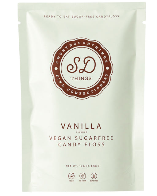 A 12g pouch of Sweet Dough Things Vanilla Vegan Sugar-Free Candy Floss, featuring a cream-colored bag with a brown circular logo and text.