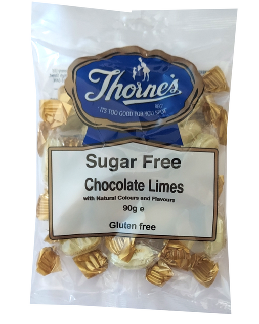 Packaging of Thorne's Sugar Free Chocolate Limes on a white background