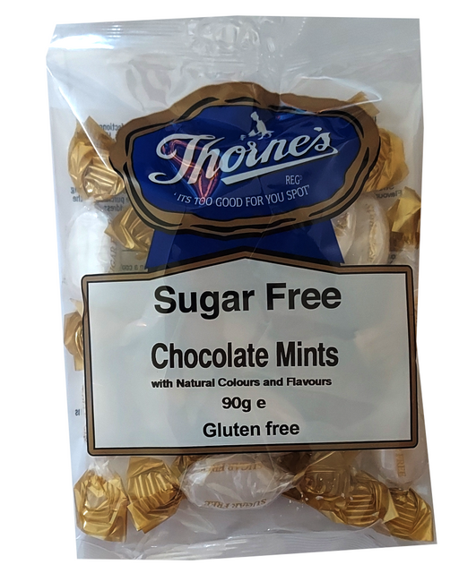Packaging of Thorne's sugar-free chocolate mints with visible branding and product details.