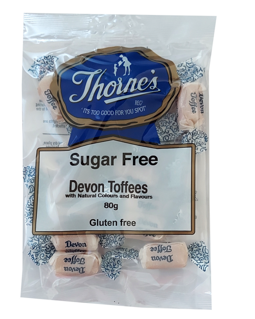Packaging of Thorne's Devon Toffees sugar-free toffees with a blue and white design.