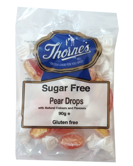 Pack of Thorne's sugar-free pear drops with visible packaging details.