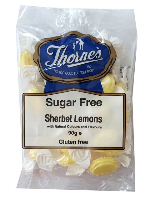 Pack of Thorne's sugar-free sherbet lemons with visible branding and product details.