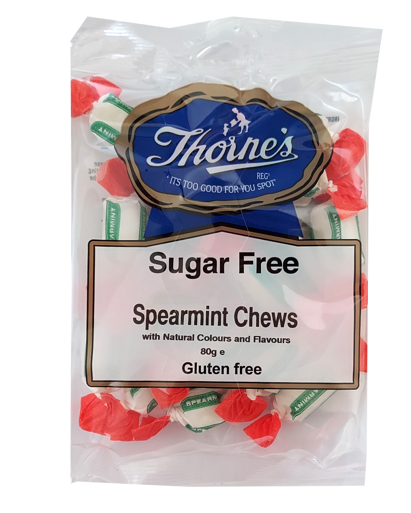 Packaging of Thorne's sugar-free spearmint chews on a white background