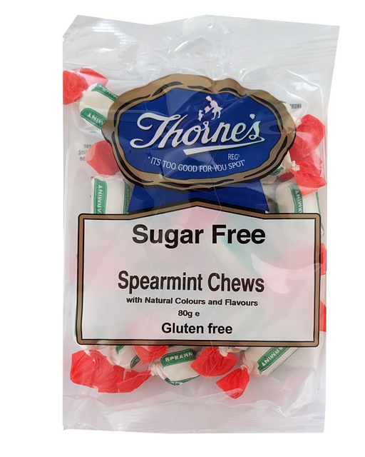 Packaging of Thorne's sugar-free spearmint chews on a white background