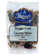 Packaging of Thorne's Sugar Free Liquorice Toffees on a white background