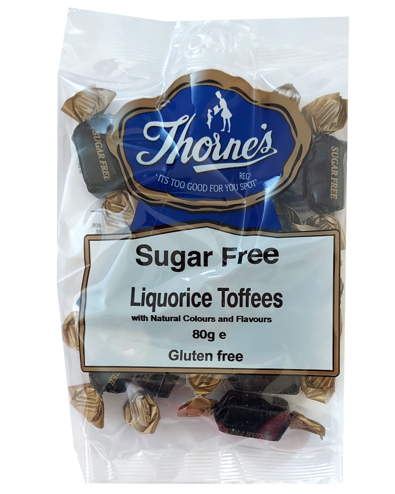 Packaging of Thorne's Sugar Free Liquorice Toffees on a white background