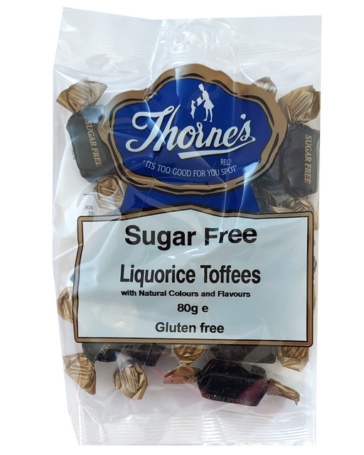 Packaging of Thorne's Sugar Free Liquorice Toffees on a white background
