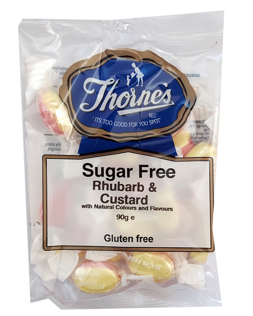 Pack of Thorne's sugar-free rhubarb and custard sweets with visible branding and product details.