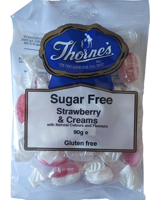 Packaged sugar-free strawberry and cream candies with Thorne's branding.