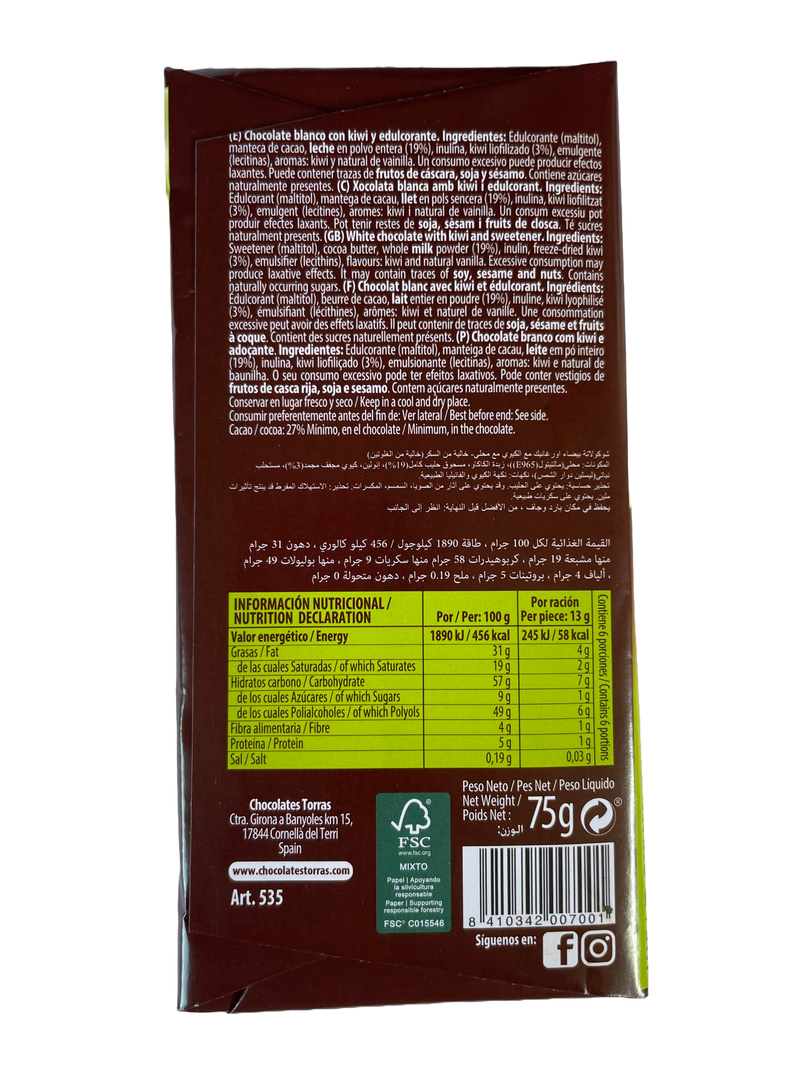 Torras White chocolate with Kiwi Packet back