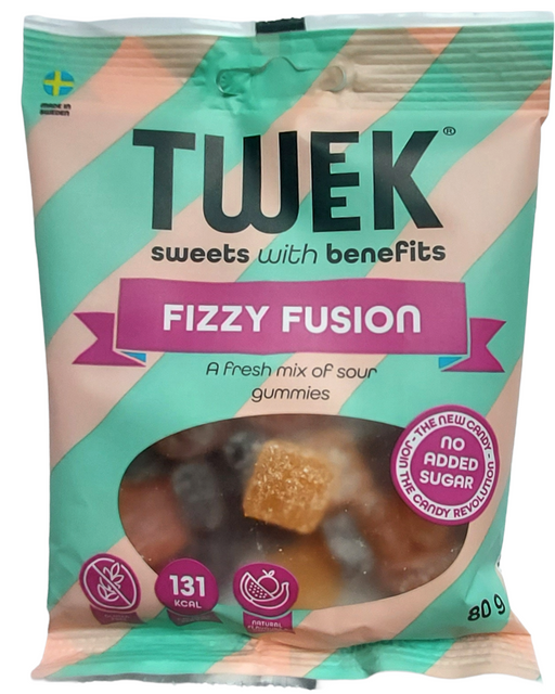 Packaging of TWEK Fizzy Fusion gummies with a clear window showing the product.