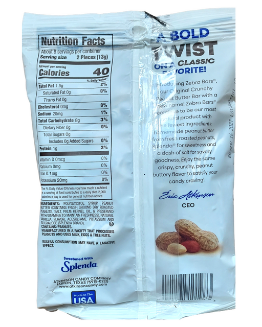 Back of a packet of Sugar Free Peanut Bars