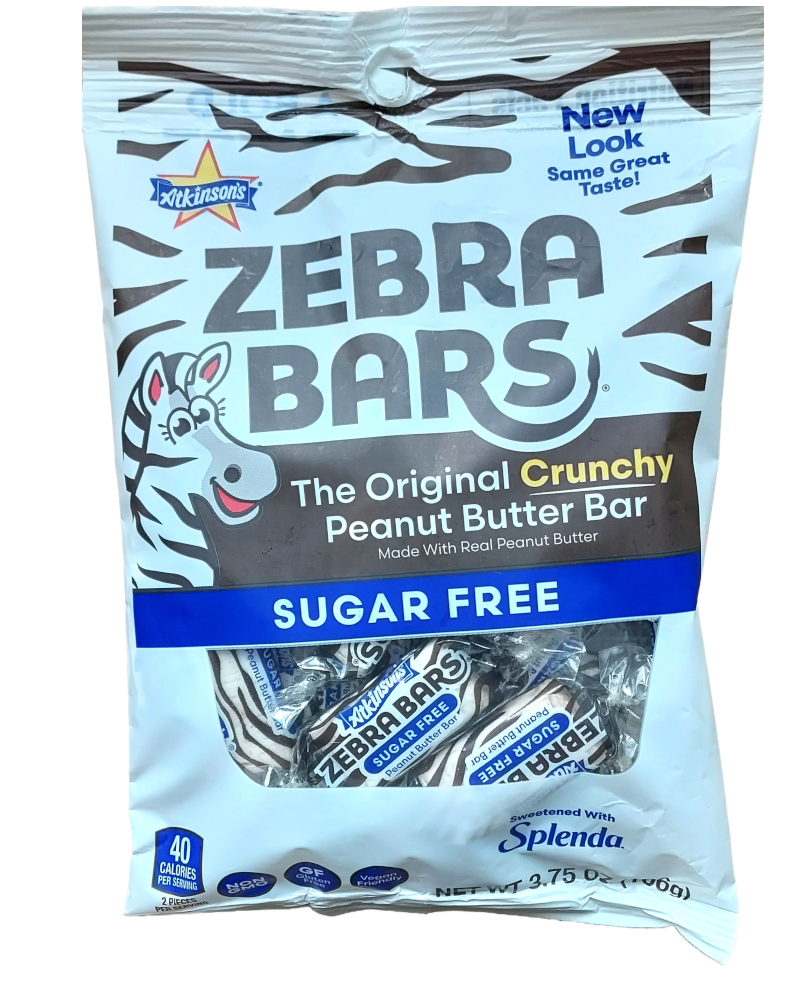 A bag of Zebra Bars sugar-free crunchy peanut butter bars, featuring a white and brown zebra-striped package with a cartoon zebra and blue accents.