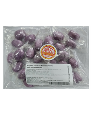 A clear plastic bag containing purple wrapped sweets, with a white label reading 'Brays Sugar Free Dandelion & Burdock 200g' and a round 'Sweets by Sweetheart' logo. The product is photographed on a plain white background.