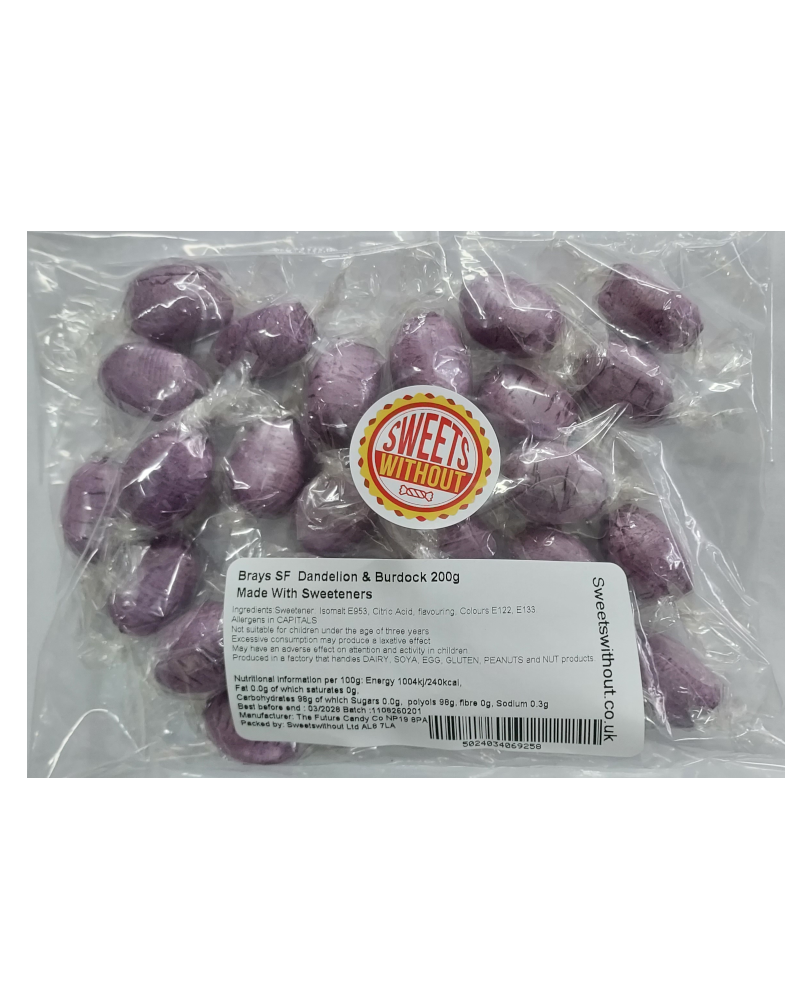 A clear plastic bag containing purple wrapped sweets, with a white label reading 'Brays Sugar Free Dandelion & Burdock 200g' and a round 'Sweets by Sweetheart' logo. The product is photographed on a plain white background.