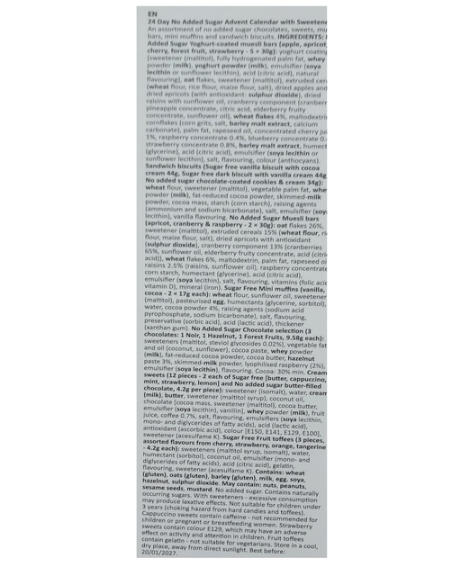 A  ingredient list page with dense black text on a white sheet, photographed against a light neutral background.
