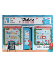 A square illustrated advent calendar cover featuring a candy shop storefront with the text ': Diablo No Added Sugar' across the top. The design shows shelves of sweets and treats, holiday greenery, red ornaments, a gingerbread figure, and gift boxes, all on a white page background.
