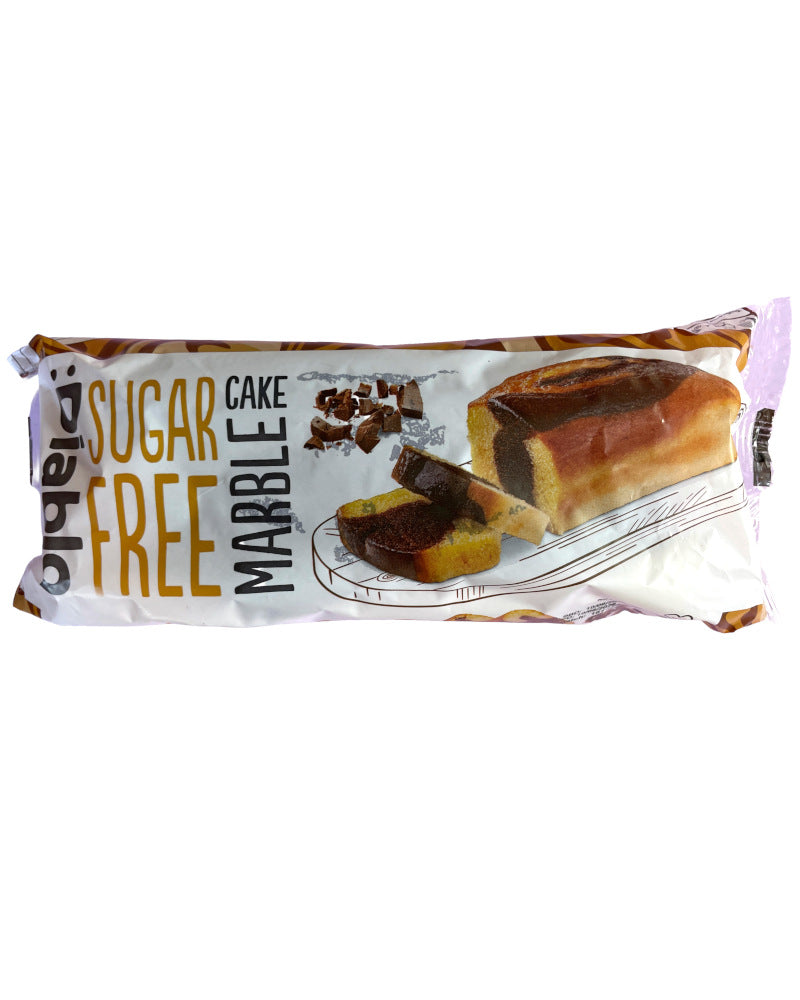 A packaged sugar-free marble cake from the brand daiblo, shown in its white and brown paper wrapper with an image of a sliced cake on a plain white background.