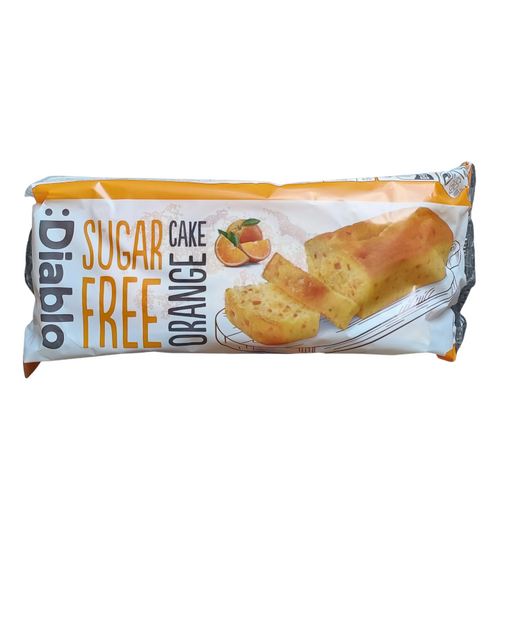 A packaged loaf of Diablo Sugar Free Orange Cake on a plain white background.