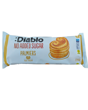 A package of Diablo No Added Sugar Palmiers puff pastry, featuring a light blue wrapper with yellow accents, a photo of a stack of golden-brown palmiers, and product text on a white background.