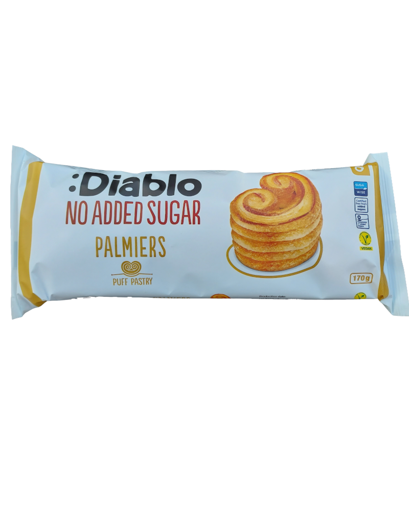 A package of Diablo No Added Sugar Palmiers puff pastry, featuring a light blue wrapper with yellow accents, a photo of a stack of golden-brown palmiers, and product text on a white background.