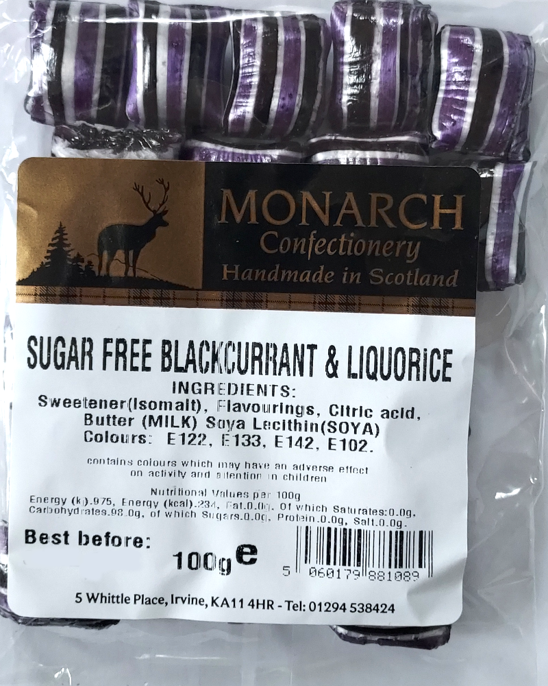 Packaged blackcurrant and liquorice with Monarch Confectionery label on a white background