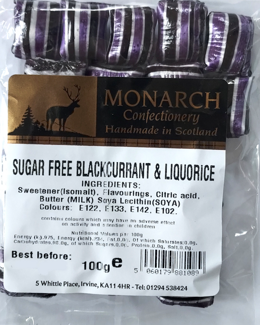 Packaged blackcurrant and liquorice with Monarch Confectionery label on a white background