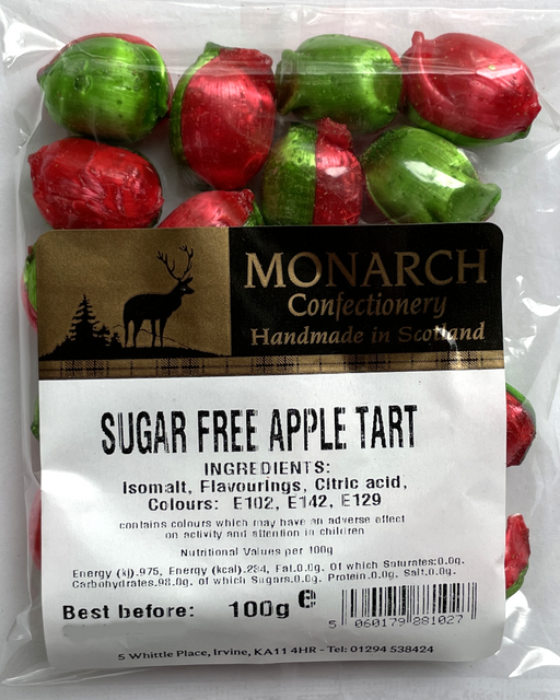 Packaged sugar-free apple tart with Monarch Confectionery label on a white background
