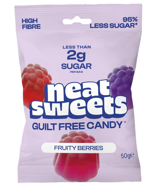 Neat Sweets Fruity Berries 50g pouch in lilac packaging with red and purple berry-shaped gummy sweets.