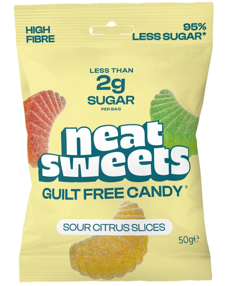A 50g bag of Neat Sweets Sour Citrus Slices candy on a plain white background. The packaging is pale yellow with blue and white text and illustrations of sour citrus gummy candies.