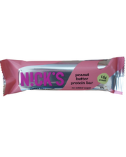 Pink and silver package of Nick's peanut butter protein bar on a white background